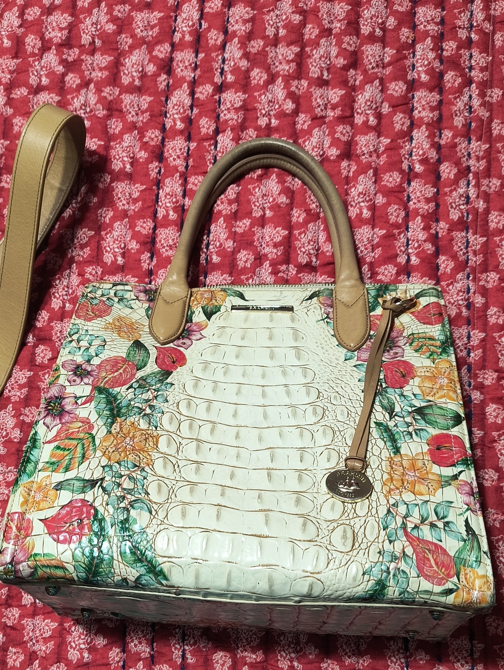 Brahmin Caroline Ivory Tahiti Floral Embossed Cream Tote Bag with Tan Handles